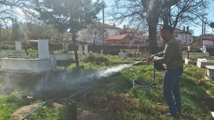 Karacasu Belediyesi, ilçe genelindeki mezarlıklarda temizlik ve ilaçlama çalışmalarını aralıksız