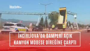 Aydın’ın İncirliova ilçesinde damperini açık unutan kamyon, seyir halindeyken yol