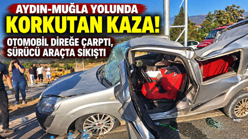 Aydın’ın Çine ilçesinde kontrolden çıkan otomobilin refüjde bulunan yönlendirme tabelasının