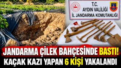Aydın’ın Nazilli ilçesinde bir çilek bahçesinde kaçak kazı yaptıkları belirlenen